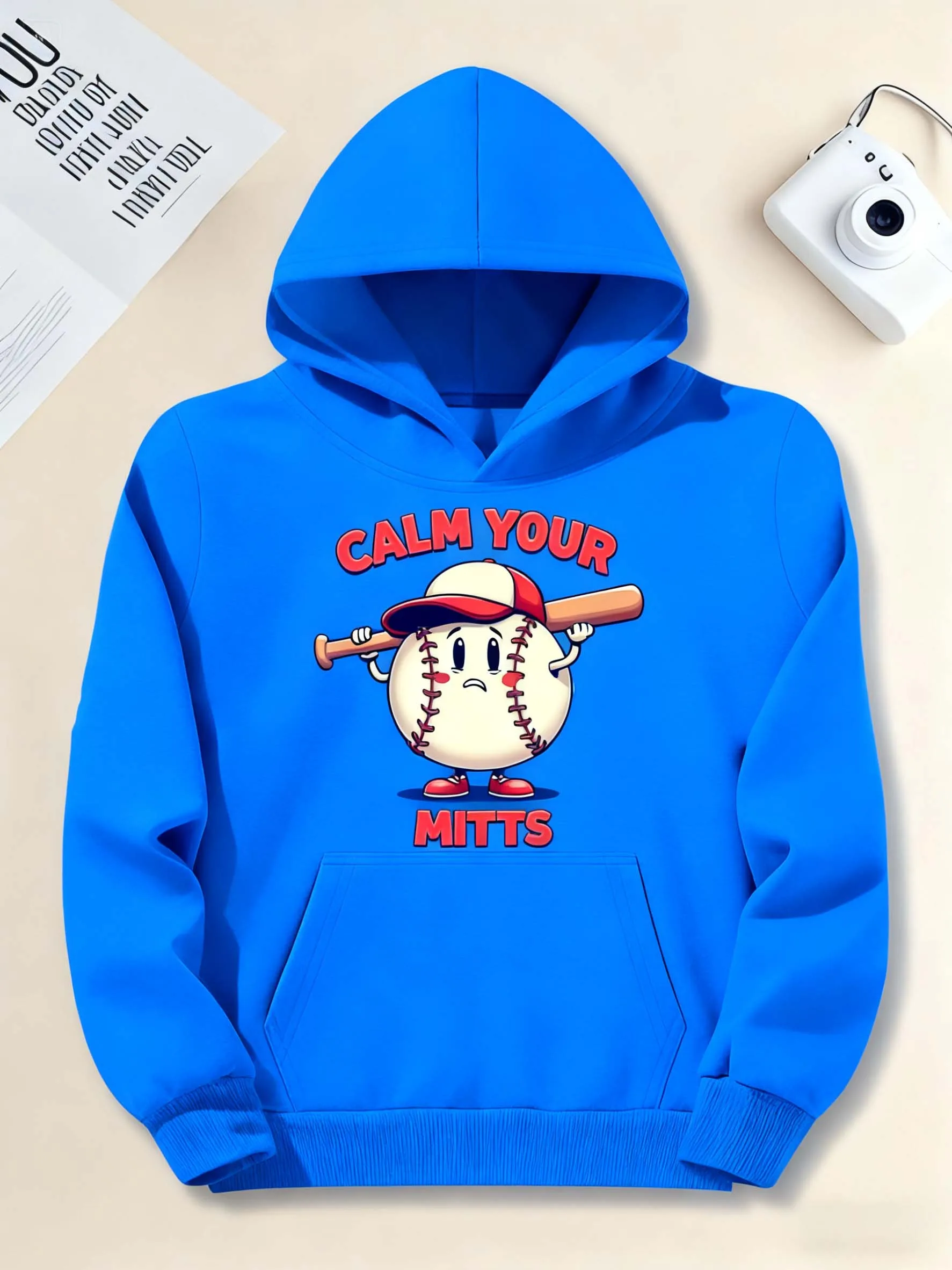 هوديي بنمط البيسبول للرجال - طباعة كرتونية مع كلمات حمراء، ملابس رياضية كاجوال مناسبة لعشاق البيسبول