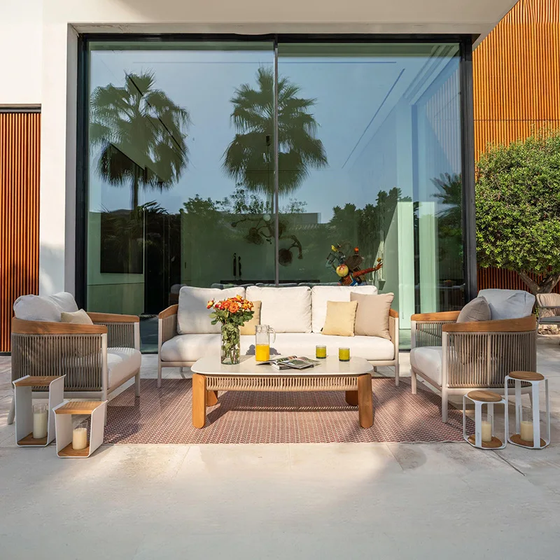 Garden outdoor rattan sofa, hotel homestay sunscreen and antiseptic teak coffee table, open-air leisure furniture