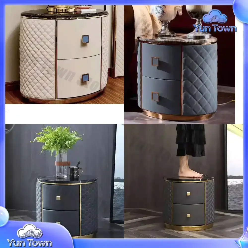 Modern Luxury Cheap Good Quality Home Furniture Bedroom Stainless Steel Legs Marble Top Leather Storage Bedside Table Set