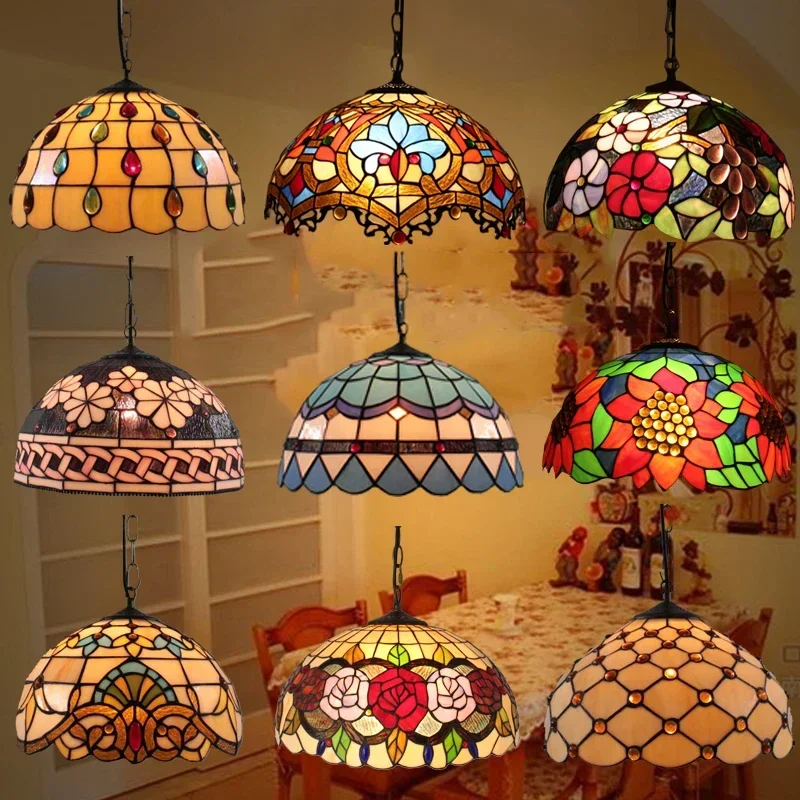 

European-style vintage Tiffany colored glass bar restaurant chandelier creative country-style glass lantern