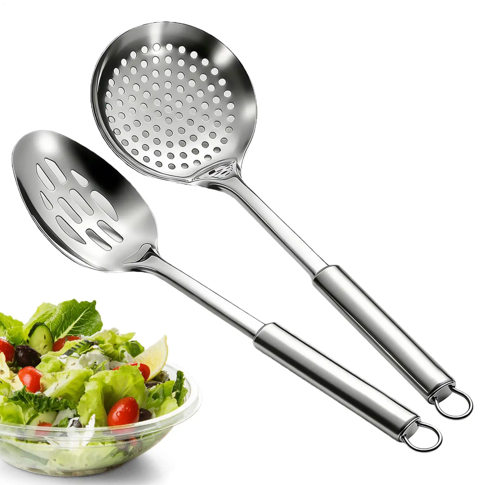 2Pcs Stainless Steel Colander Filter Spoon Multifunctional Oval Oil Skimmer Scoop Long Handle Ramen Scoop Kitchen Utensils