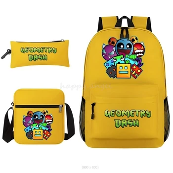 3 Stuks Set Geometrie Dash Game Rugzak Cartoon Kinderen Schooltassen Grote Capaciteit Rugzak Voor Jongens Meisjes Lichtgewicht Boekentas