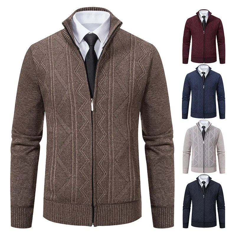 2026 Men's Casual High Collar Long Sleeve Knitted Top with Velvet Warmth for Autumn and Winter Fashion Multi Functional Jacket