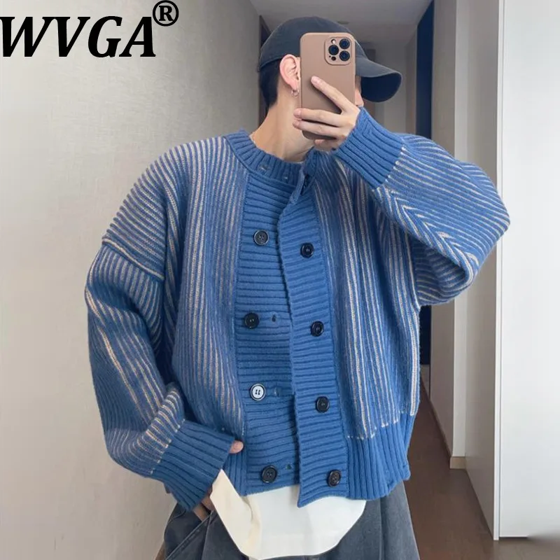 

WVGA Autumn Winter New Men Tide Vintage Striped Double-Breasted Thickened Sweater Niche Chic Casual O-Neck Jacket Ins Y2K W17795