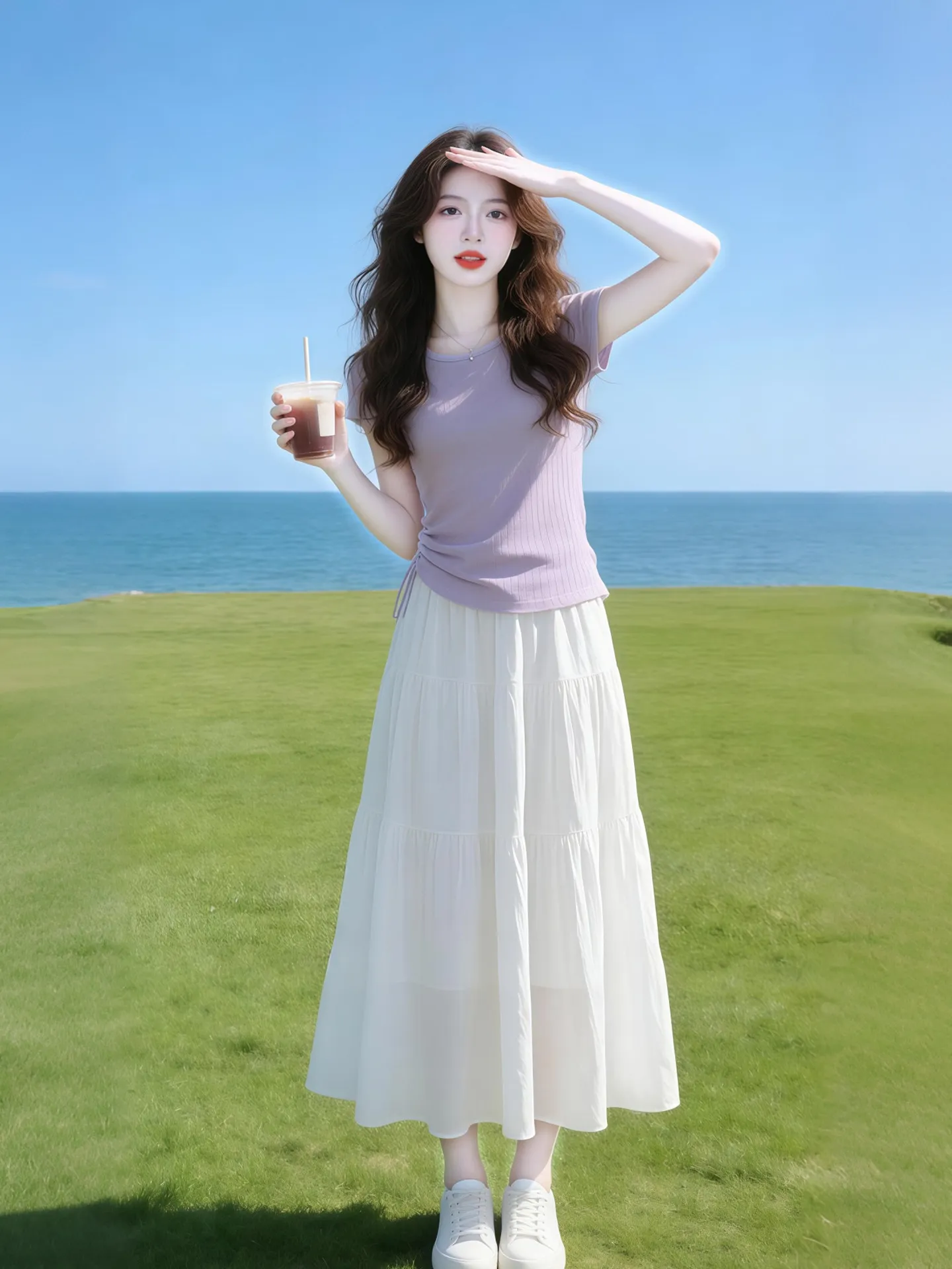 

Slimming Light Purple Knitted T-Shirt And Skirt Set Women's Fashion Summer New Style round Neck Short Sleeve Commute Style