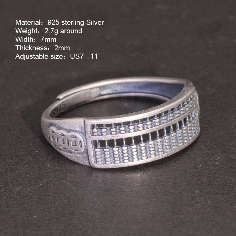 Vintage S925 Sterling Silver Fortune Coin Abacus Ring Adjustable Retro Band for Men and Women Feng Shui Fine Jewelry