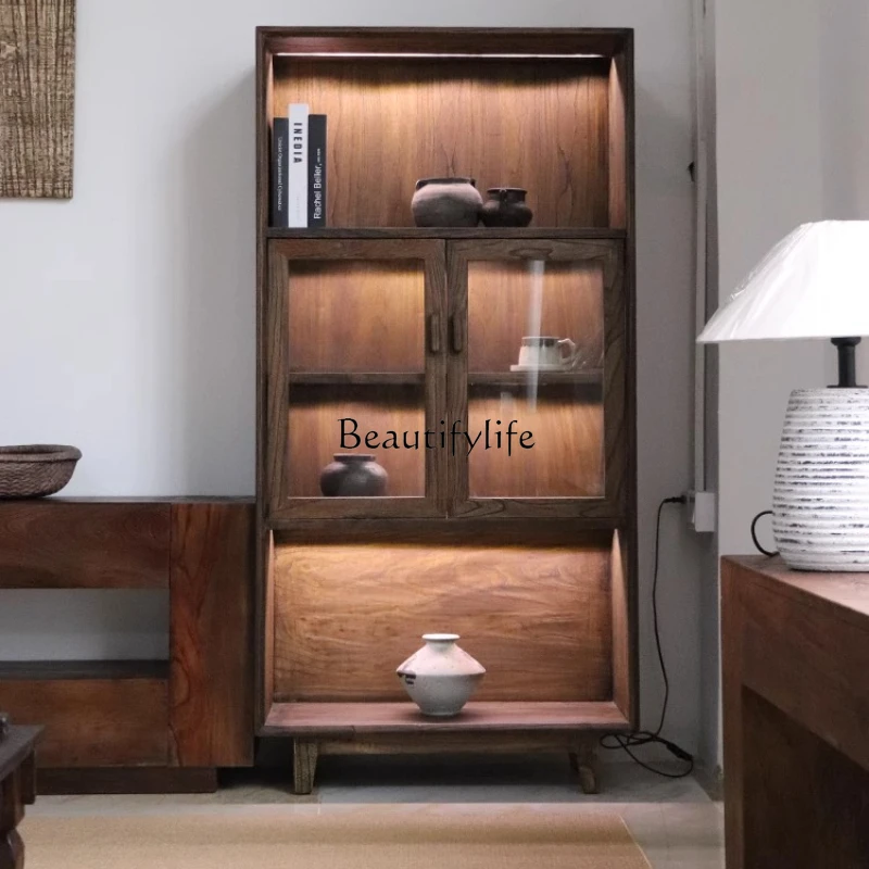 

Wabi-sabi Style Solid Wood Lighted Wall Display Cabinet Glass Storage Cabinet