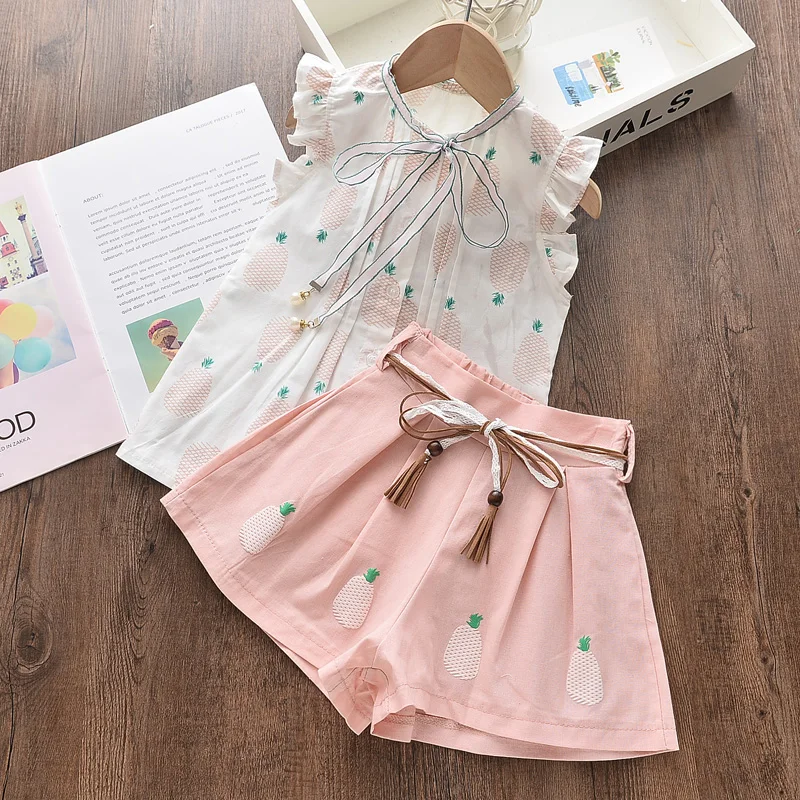 New New Summer Kids Clothing Casual Girl Printed Fruit Set Top + Pants 2 Pack Costume Ribbon Bow Set Toddler Girl Suit Clothes