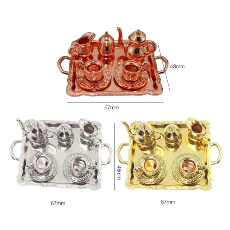 8pcs/set Dollhouse Miniature Wine And Tea Set With Square Plate Metal Silver/Gold/Copper Pot&Cups Doll House Kitchen Decorations