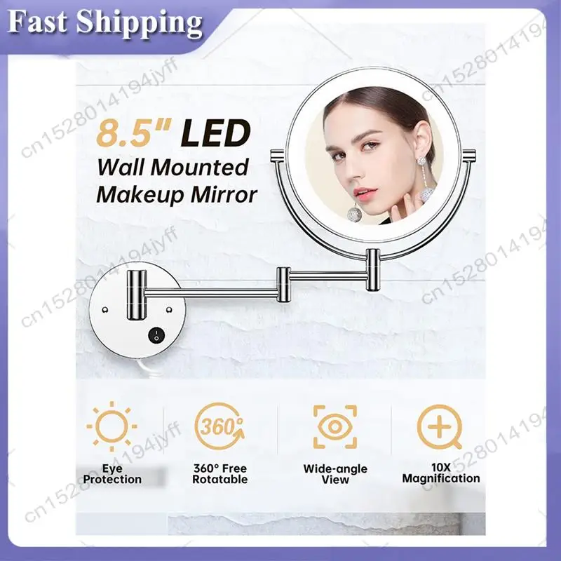 

-ABDH 4Pcs 8.5 Inch LED Wall Mounted Makeup Mirror Round Double Sided 1X/10X Magnifying With Light Button US Plug