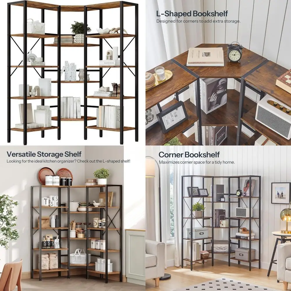 

L-Shaped 5-Tier Industrial Style Corner Bookshelf - Open Floor Storage Rack for Living Spaces