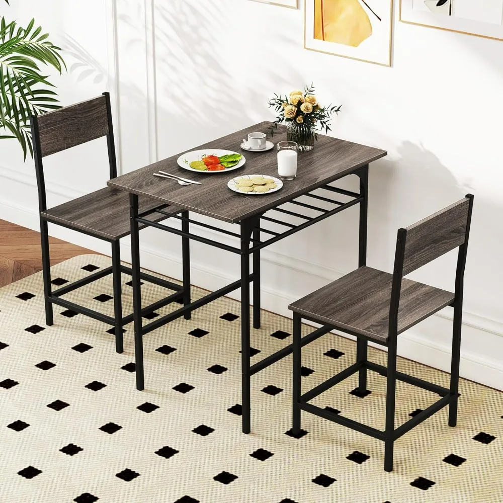 

Dining Table Set for 2, Rectangular Wood Kitchen Table & Chair Set with Metal Frame, Storage Rack