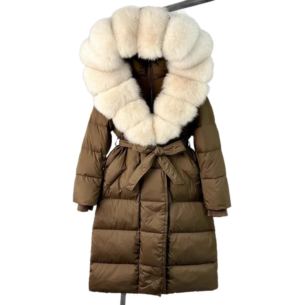 2025, dameskleding, grote bontkraag, lange slanke donsjas met capuchon 1019