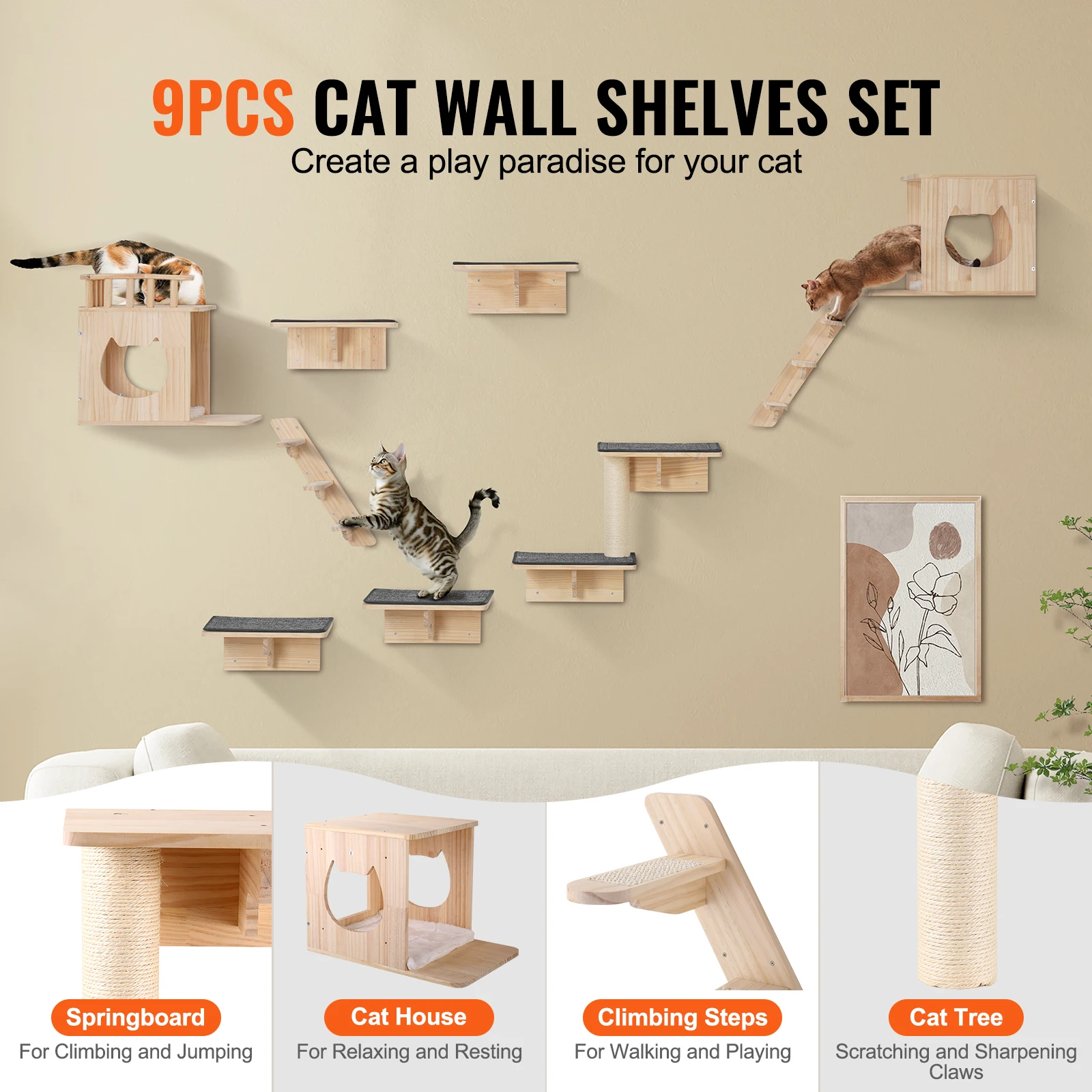 VEVOR Wall Mounted Cat Shelves Cat Wall Shelves Cat Furniture and Shelves up to 40lbs for Sleeping/Playing/Climbing Set of 9