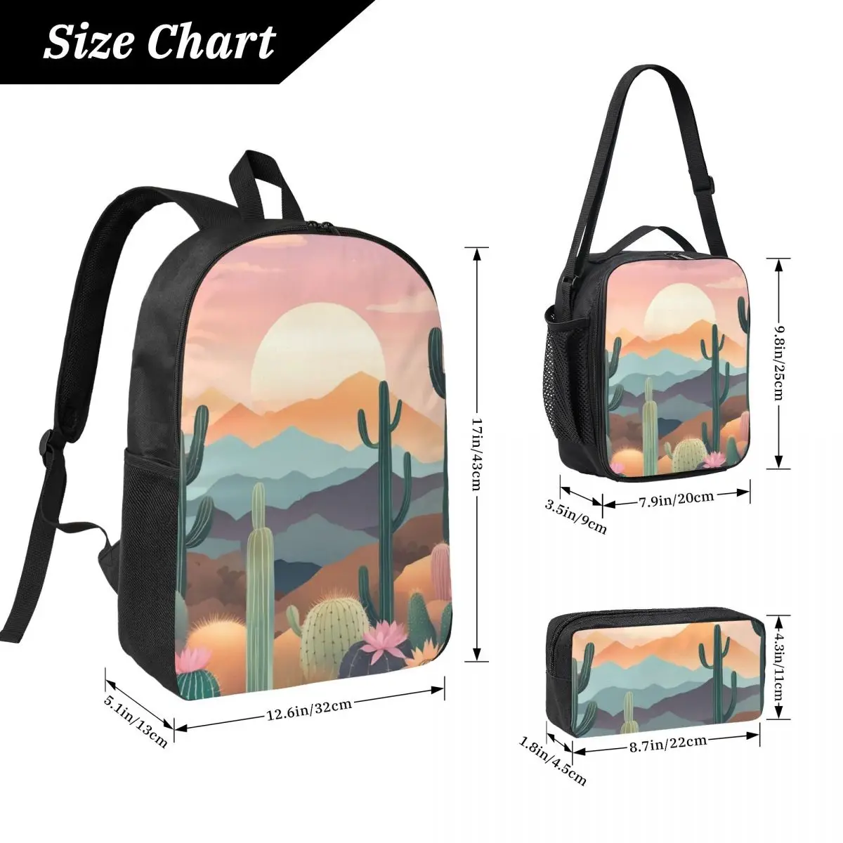 Cactus And Flower Desert Scenery Backpack Student BookBag School Bag Computer Shoulder Bags 3ps Insulated Lunch Bag Pencil Case