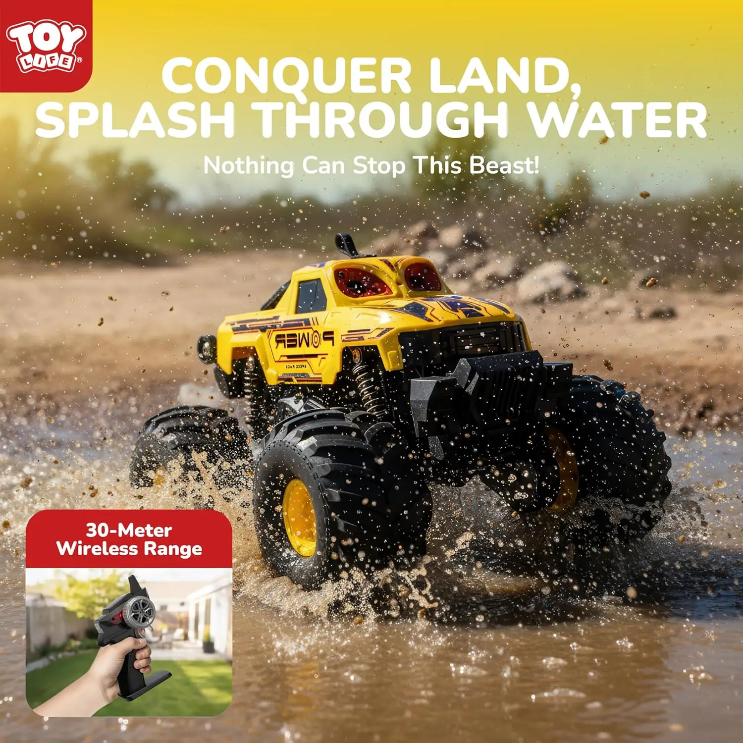 4WD 2.4GHz Remote Control Monster Truck for Boys Ages 6+, Waterproof All-Terrain Off-Road RC Car with Water Spray, Lights, Music & 360° Rotation