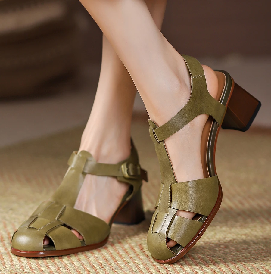LIHUAMAO Cow Leather square heel sandals women's chunky heel shoes ankle strap gladiator sandals pumps retro high heel shoes