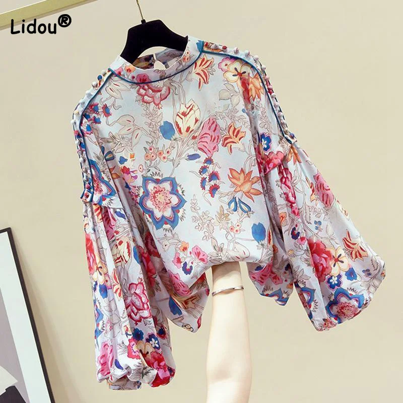 

Spring Autumn Chiffon Pullover Vintage Floral Printing Lantern Long Sleeve Patchwork Crew Neck Loose Single Button Women Tops