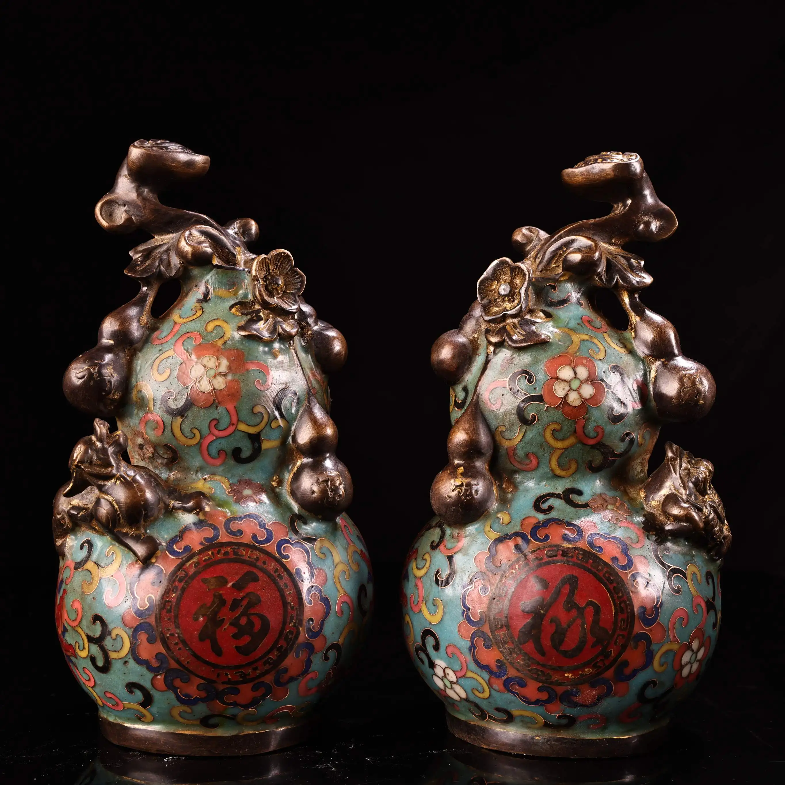 

8"Old Bronze Cloisonne Enamel floral pattern Calabash melon vine Golden Toad Pixiu Fulu Town House Gourd A Pair Ornaments
