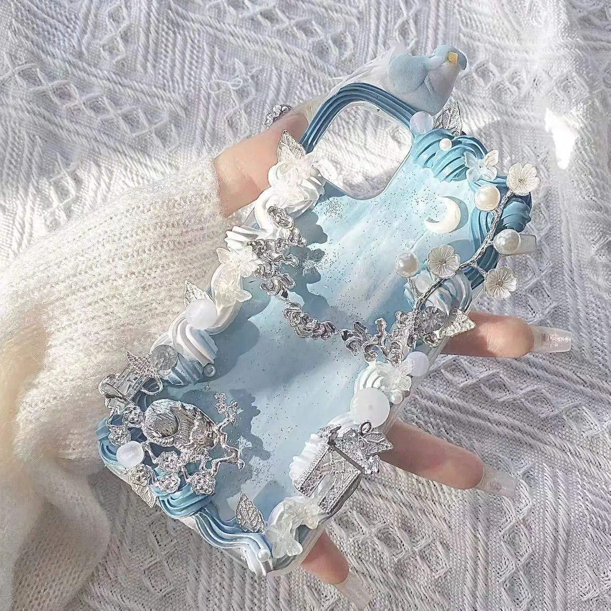 

Handmade case For iPhone 17 pro max 3D China Style iP 16 15 phone shell 14pro creamy cover light blue bling customized girl gift