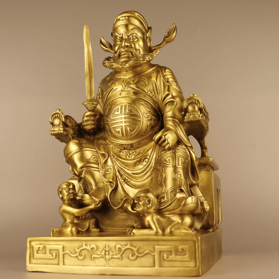 

15"Tibetan Temple Collection Old Brass Zhong Kui catches Ghosts statue holding Sword sit Dragon Chair Worship Hall Town house