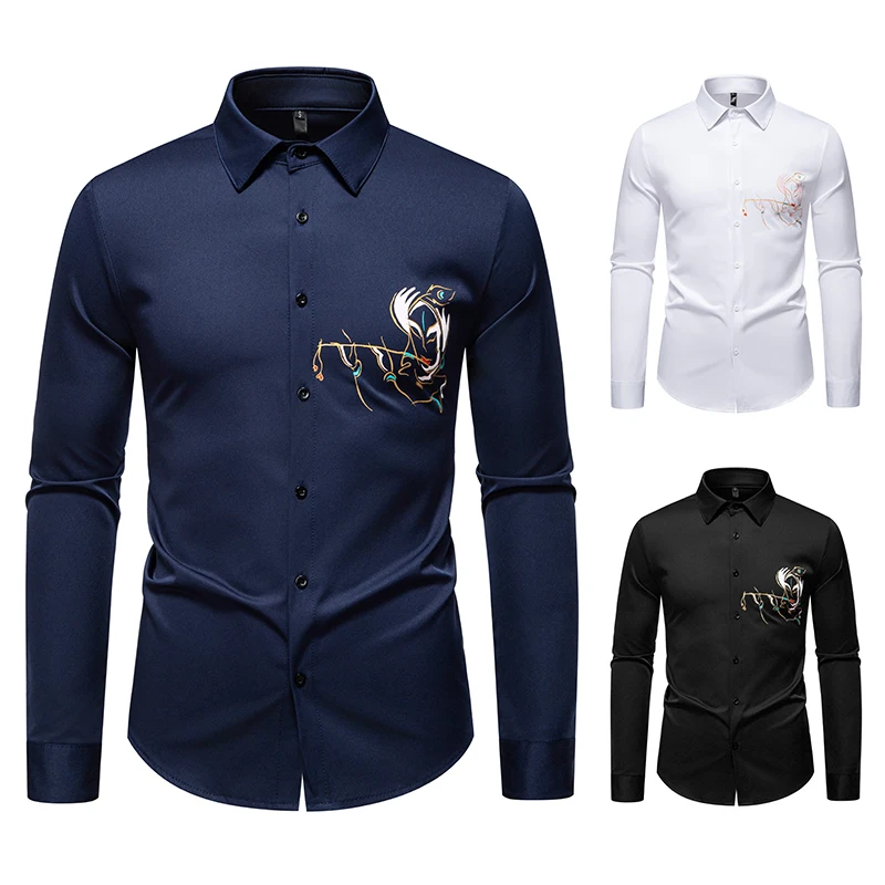 

Men Long Sleeve Turndown Collar Mens Dress Shirts Imprint Design Casual Male Clothes Chemise Hemd Homme Shirt S253