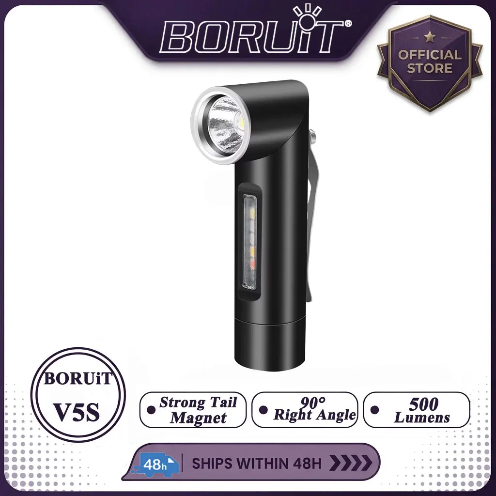 BORUiT V5S 500LM UV-LED-Taschenlampe, Drehkopf, Typ C, wiederaufladbare Taschenlampe, Arbeitsleuchte mit Magnet, wasserdichte Campinglaterne