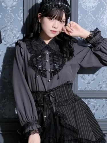 

Japanese Cute Mine Series Lace Patchwork Doll Collar Bow Long Sleeve Shirt Sweet Mass-Produced Solid Color Versatile Shirt Women