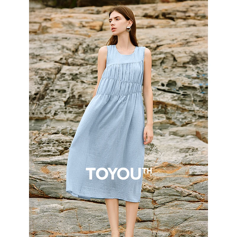 

TOYOUTH Dressed Women's 2024 Summer New Vacation Style Round Neck Sleeveless Folded Design Tank Top Skirt