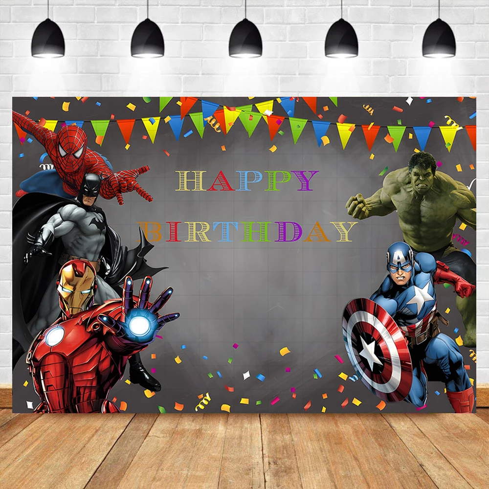 Toile de fond thème Avengers avec nom personnalisé, bannière de fête d'anniversaire pour enfants, affiche de fond de photographie de héros de ville, Spider-Man Hulk Iron Man