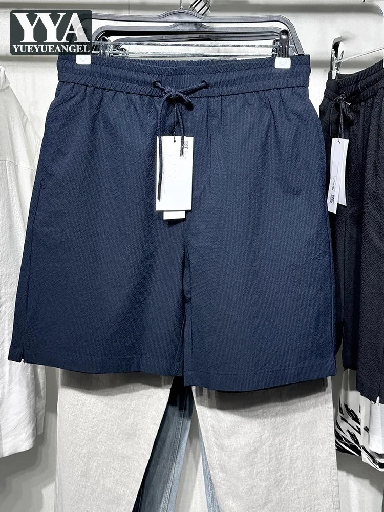 

Mens Summer Casual Shorts Breathable Loose Fit High Street Elastic Waist Knee Length Straight Trousers Solid Color Beach Shorts