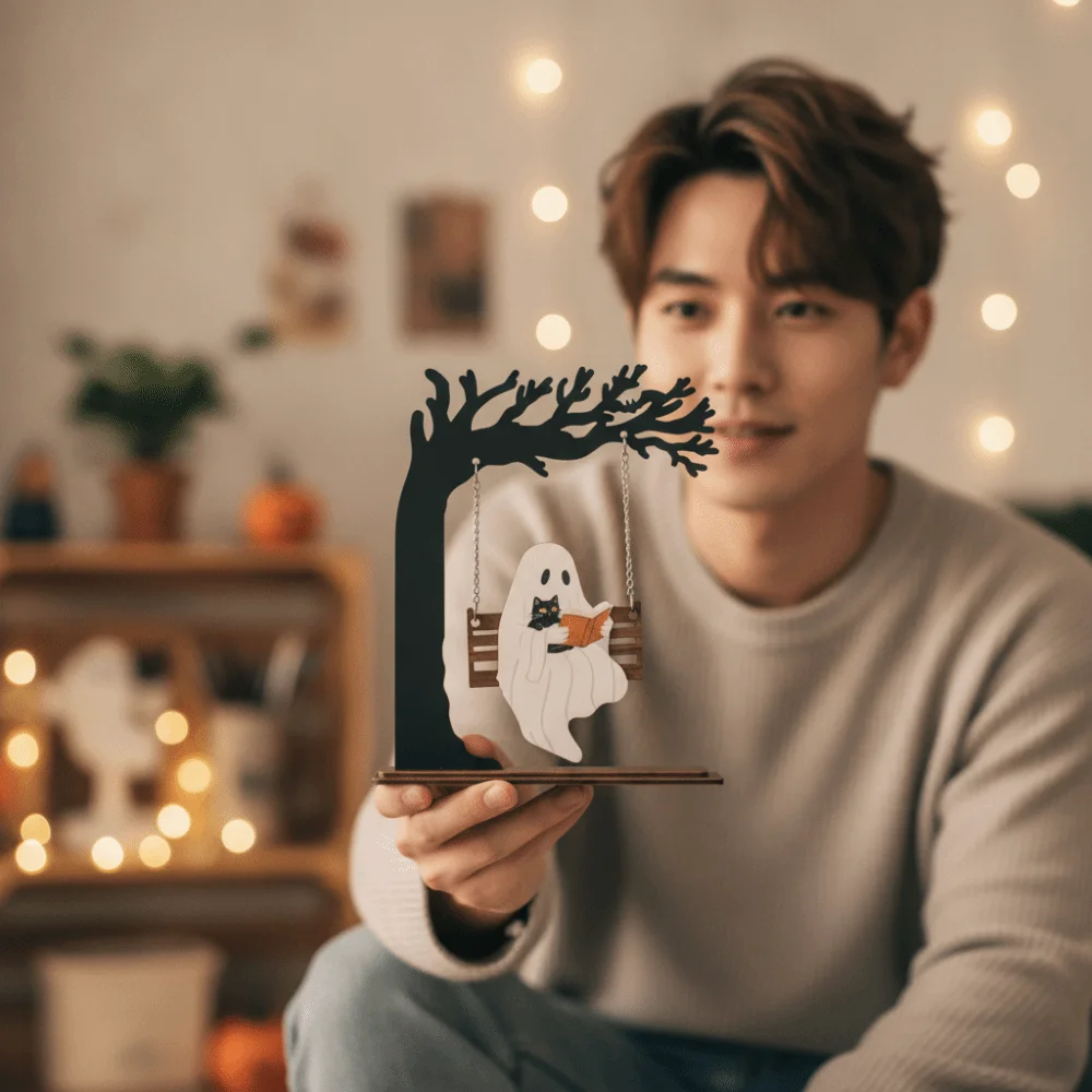 Laser-cut Ghost Swing Ornament Freestanding Eco-friendly Wooden Halloween Crafts Rustic Multilayered Cat Reading Figurine