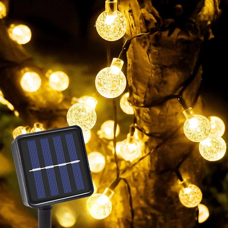Solar Power LED Crystal Ball Festoon Light String EID Mubarak Wedding Fairy Lights Holiday Outdoor Patio Yard Garden Decoration