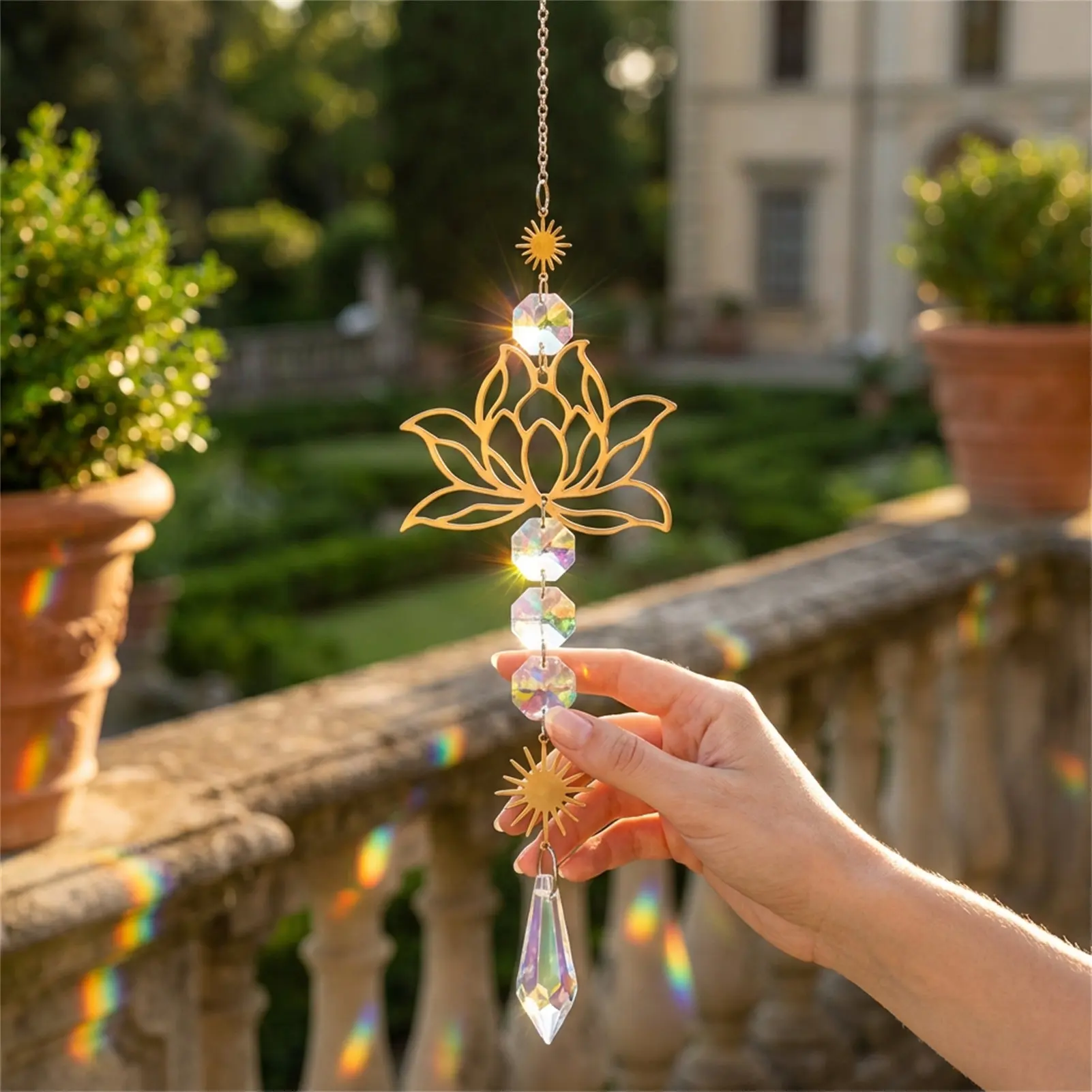 Metal Lotus Crystal Wind Chime Sun Catcher for Garden Wall Decoration with Durable Rust-Resistant Metal and Light Refraction