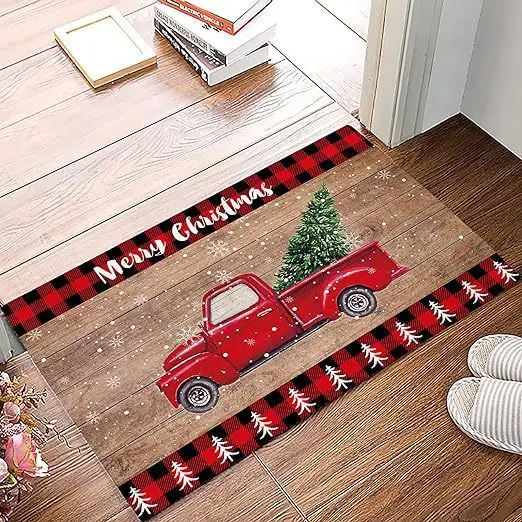 

1pc Red Door Mat Marry Christmas Tree Santa Claus Print for Home Room Decor Non-slip Door Rug Cozy Carpet for New Year Christmas