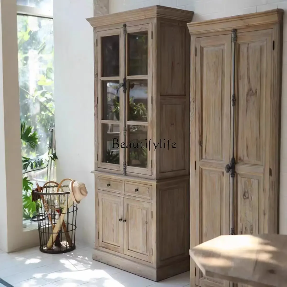 

12American Style Solid Wood Bookcase Combination French Retro Oak Bookshelf with Locking Storage Cabinet