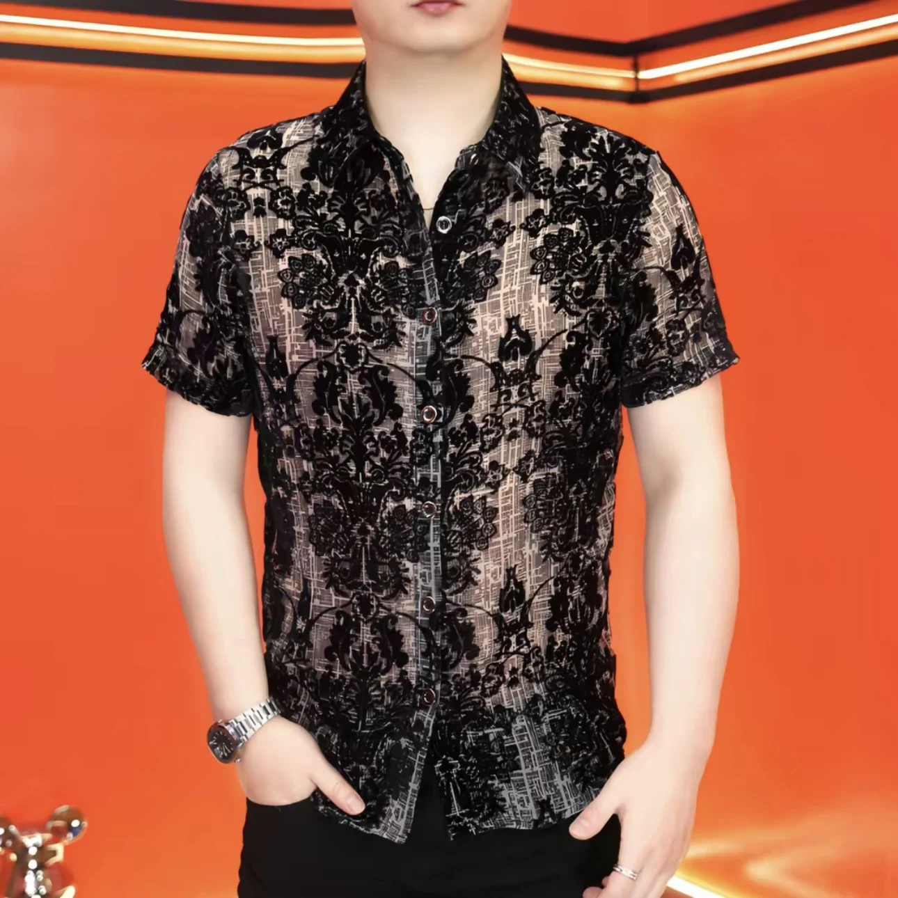 

Faionable Velvet Floral Embroidery irt ort Sve Turn-down Collar Casual Men's Base Layer Top Spring New Arrival