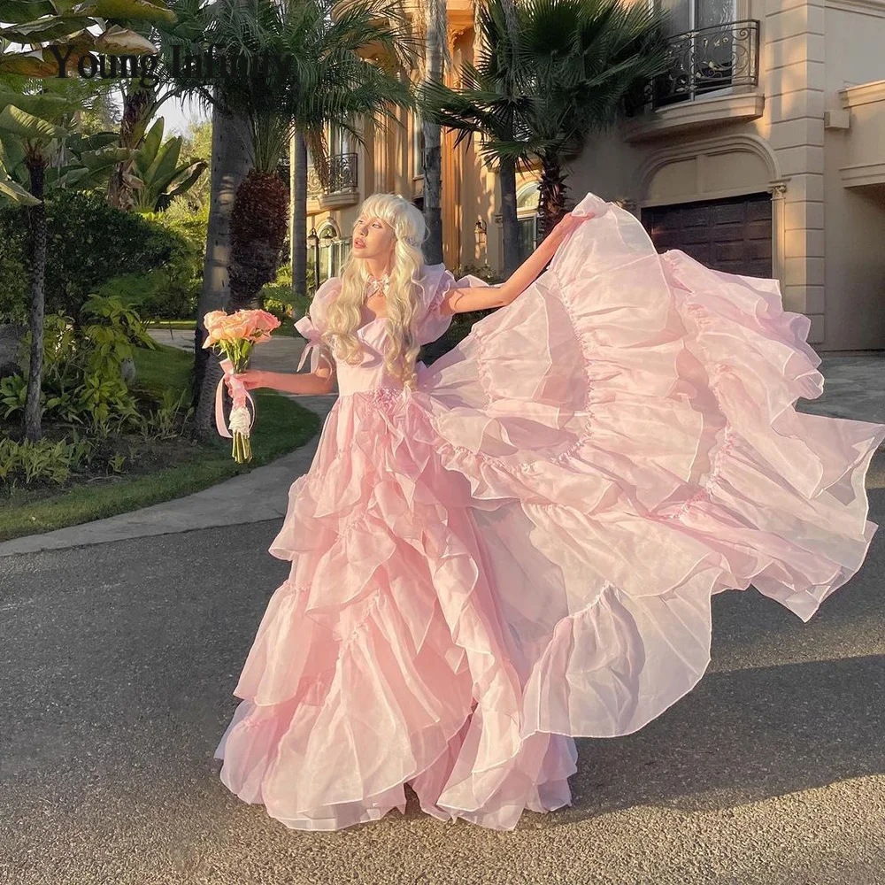 Lovely Pink Organza Prom Dress 2024 Long Evening Party Gown Sweetheart Short Puffy Sleeves Layers Woman Cosplay Princess Gala