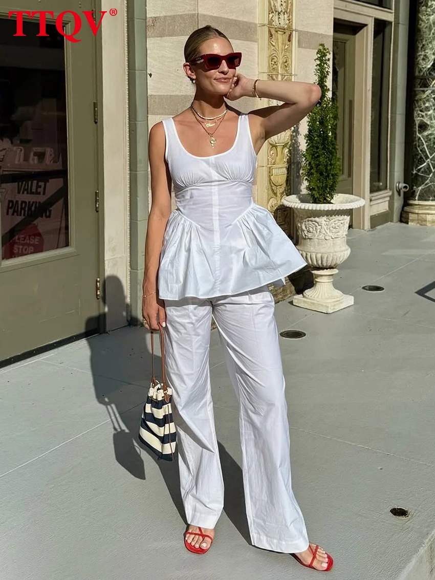 

TTQV Sexy Slim White Cotton Women's Two Pieces Set 2026 Summer Sleeveless Tank Top With High Waist Wide Pants Set Female