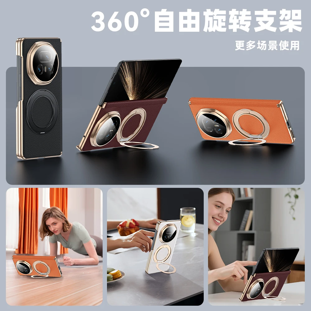 

Dual Hinge Genuine Leather Case For Honor Magic V5 Case 360° Rotation Metal Stand Hands-free Smart View All-inclusive Cover