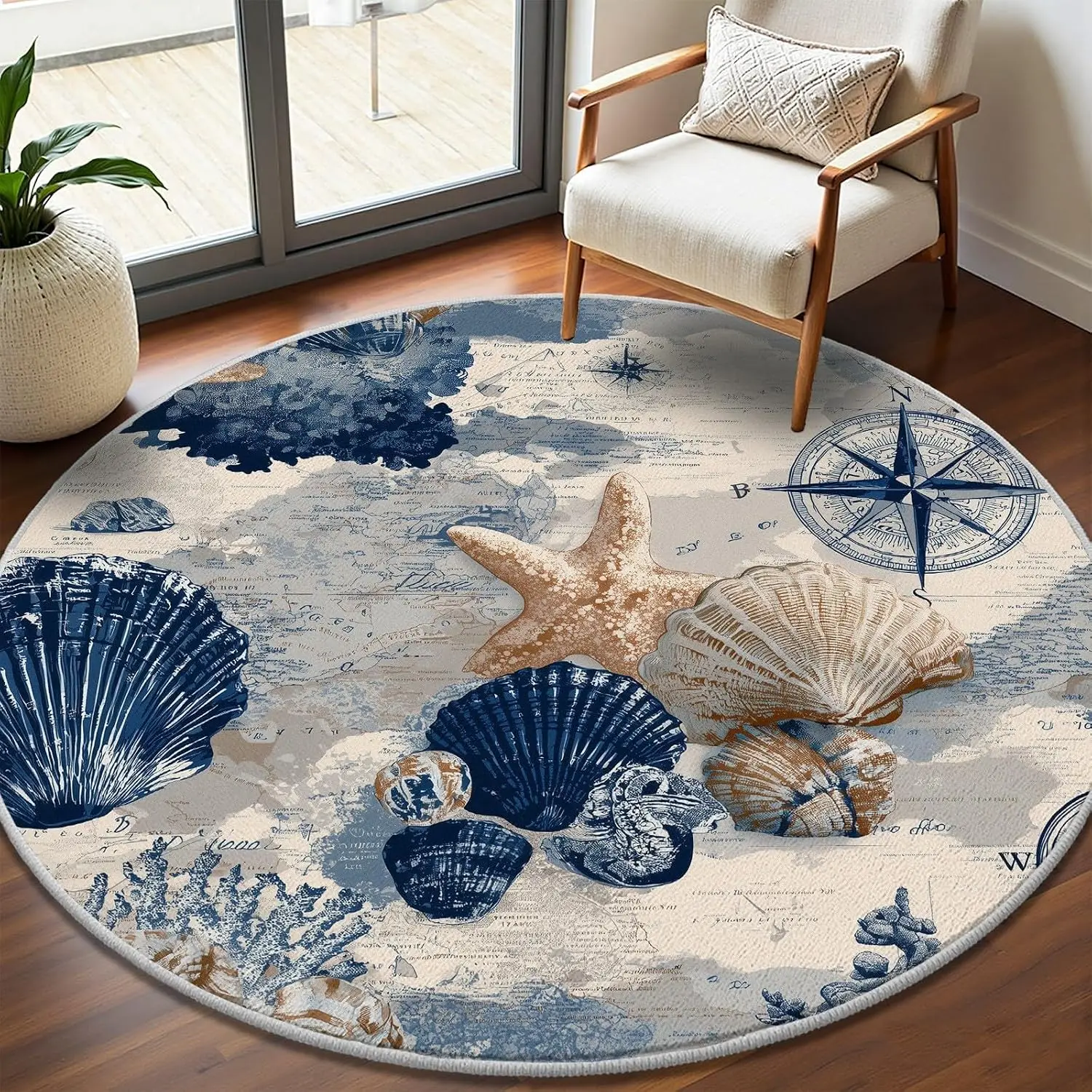 Vintage Nautical Ocean Map Round Area Rug Coastal Beach Seashell Starfish Decor Carpet Throw Mat for Home Bathroom