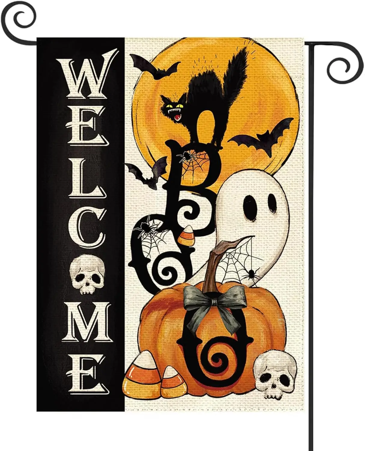 Baccessor Halloween Garden Flag 12.5 x 18 Inch Double Sided Boo Ghost Welcome Burlap Moon Pumpkin Black Cat Yard Flag Holiday Se