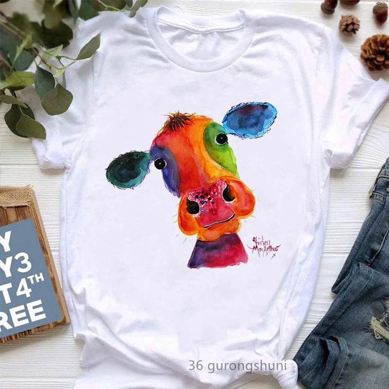 

Funny Watercolor Colorful Cow T-Shirt Love Heifer Graphic Print T Shirt Women Clothes Female Clothing Short Sleeve 90s Tees Top