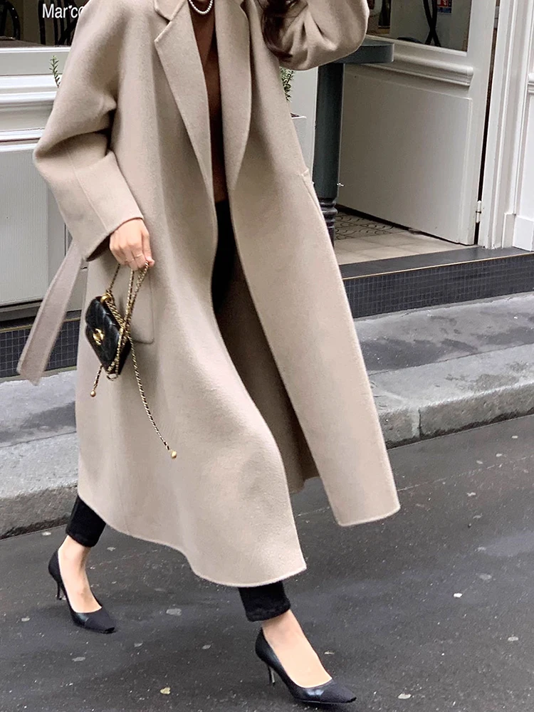 Manteau en laine Chic à col de costume Vintage d'automne, avec attaches à la taille longues, Double ket, vêtements d'extérieur pour femmes