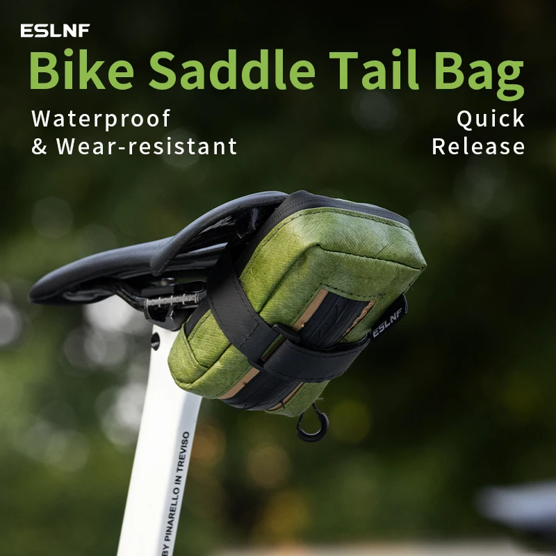 ESLNF Waterproof Bike Saddle Bag Strap Mount Tail Pouch Recycled Tire Fabric Portable Small Item Storage Cycling Accessory