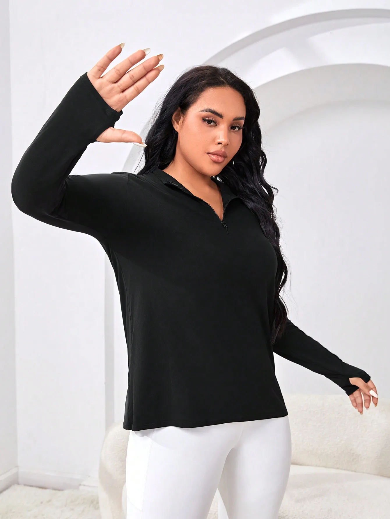 Plus-Size Sports Top, Versatile Solid Color Half-Zip Sports Top, Casual Loose Oversized Women's Clothing