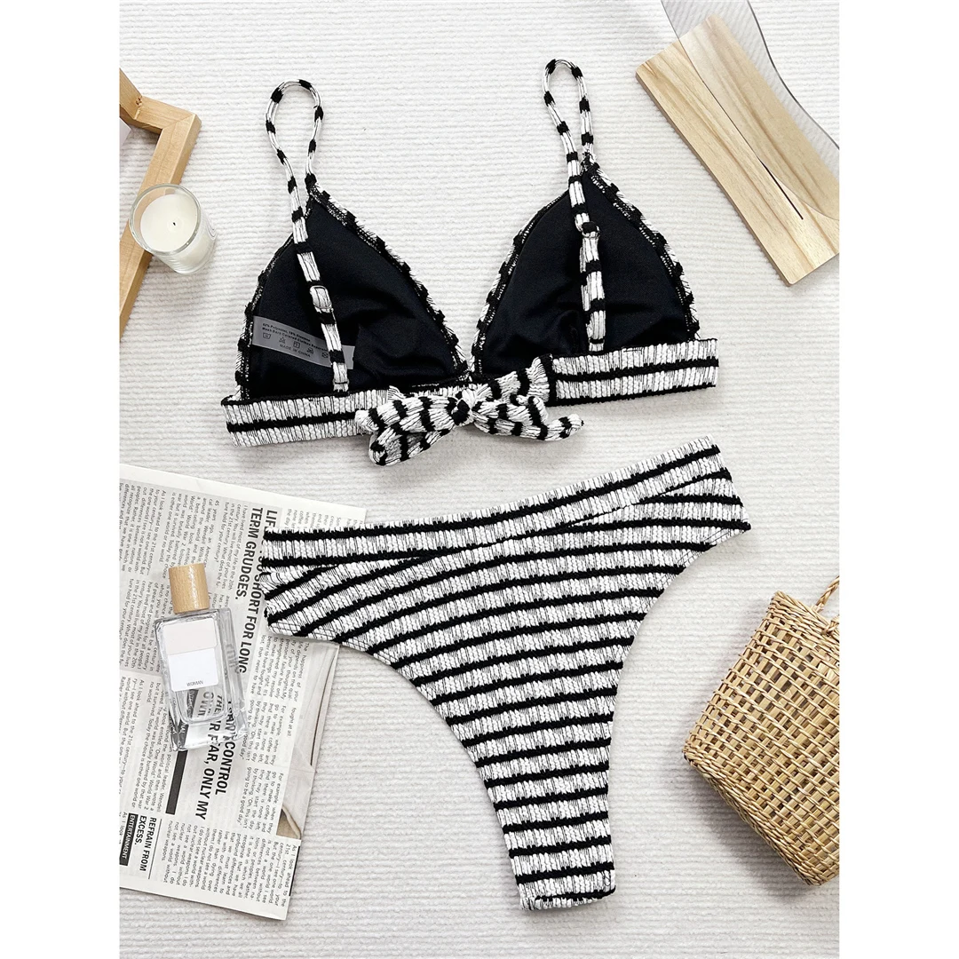 Sexy, schwarz-weiß gestreifter Bikini mit hoher Taille, Damen-Badeanzug, zweiteiliges Bikini-Set, Badebekleidung, Badeanzug, Modell V5830. – Detail 9