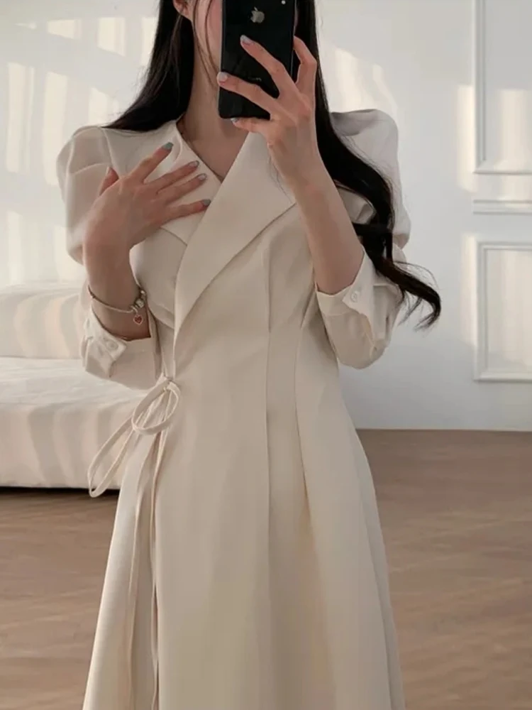 Setelan Ringan Dr Wanita Musim Gugur Musim Dingin Gaun Panjang Model A-Line Pinggang Tinggi Sepanjang Lutut Gaya Korea Sle