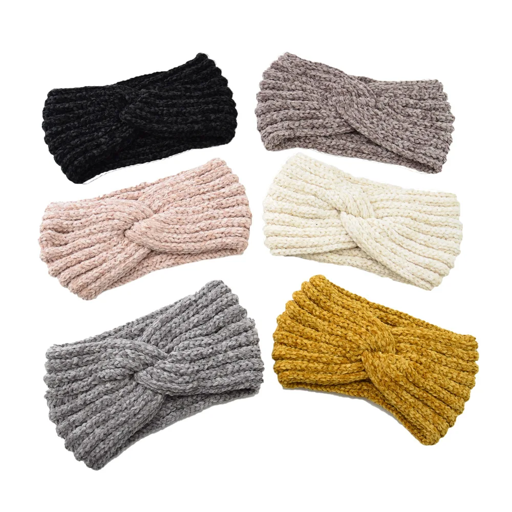 Moda inverno mais quente orelha malha bandana turbante mulheres crochê lã cruz ampla estiramento sólida hairband headwrap acessórios de cabelo