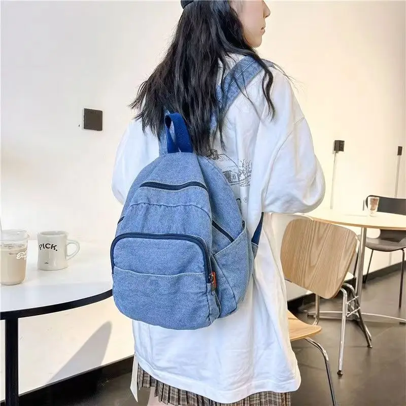 Denim Backpack Ins Simple Casual Student Backpack Korean Version Forest Style Retro Washed Denim Backpack